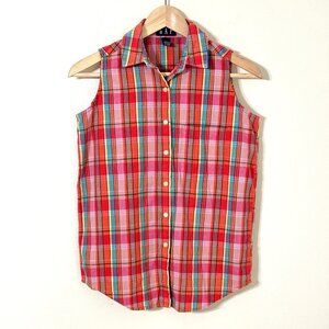 Vintage Gap Plaid Sleeveless Button Down Shirt Red Pink Teal Summer Camp Retro